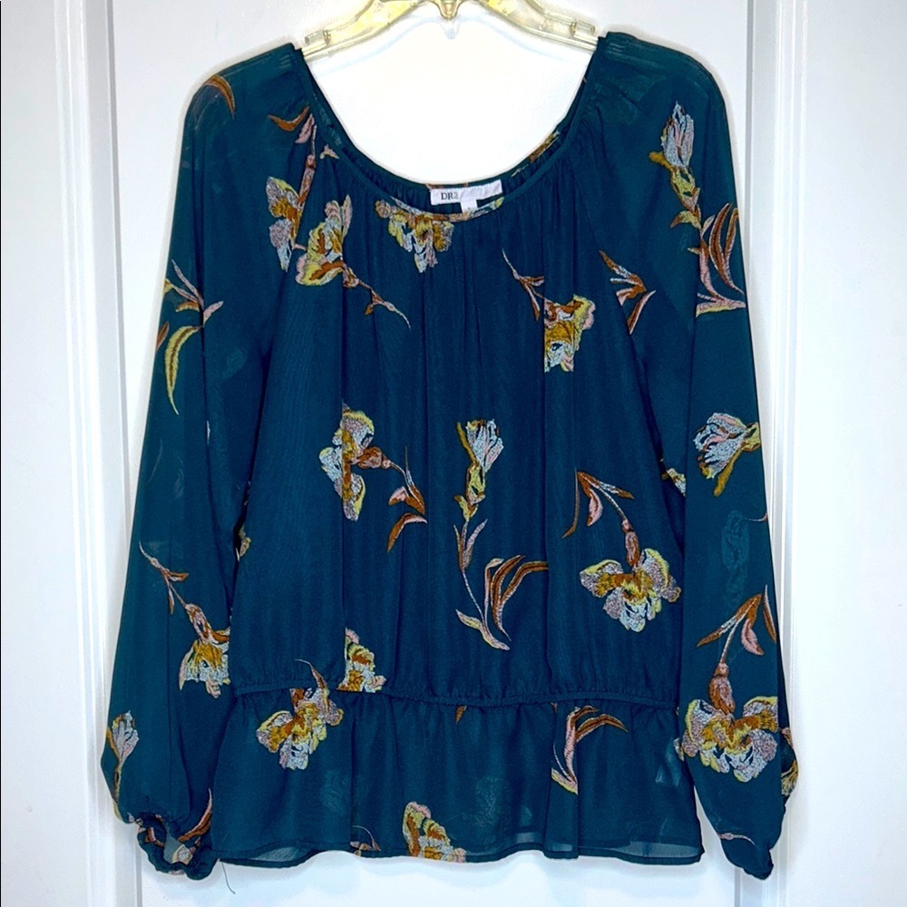 DR2 Dark Teal Blue Puff Sleeve Peplum Floral Blouse size Large - Picture 10 of 10